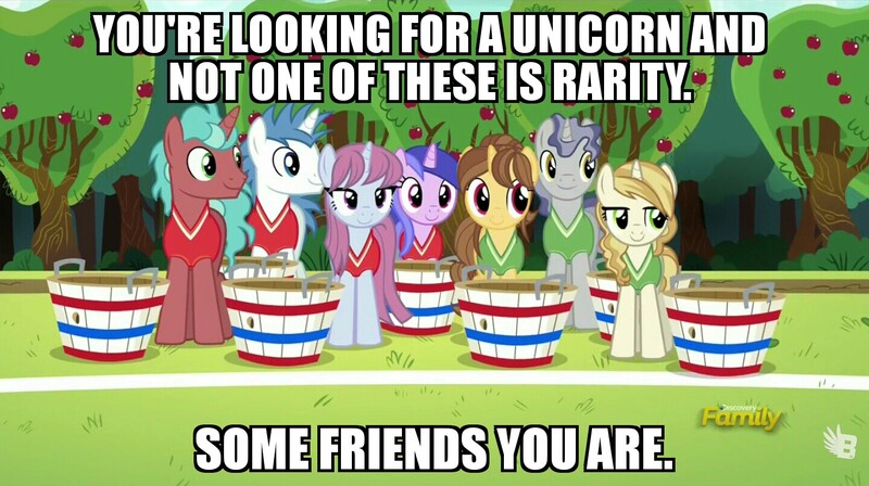 Size: 1440x807 | Tagged: safe, derpibooru import, edit, edited screencap, screencap, aloha, crimson heart, lipstick vanity, orion, sea swirl, seafoam, shooting star (character), star bright, sweet biscuit, pony, unicorn, buckball season, apple, apple tree, background pony, basket, buckball, buckbasket, bushel basket, caption, discovery family logo, female, hilarious in hindsight, image macro, impact font, male, mare, meme, stallion, text, tree