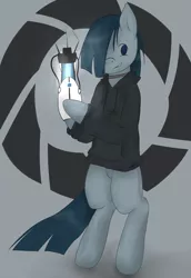 Size: 686x1000 | Tagged: aperture science, artist:i-am-tet, bipedal, choker, clothes, derpibooru import, hoodie, lonely inky, marble pie, portal gun, portal (valve), safe, solo