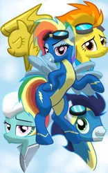 Size: 1200x1920 | Tagged: safe, artist:theroyalprincesses, derpibooru import, fleetfoot, rainbow dash, soarin', spitfire, pony, newbie dash, badge, clothes, goggles, rainbow fash, uniform, warmup suit, wonderbolts uniform