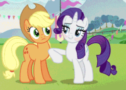 Size: 500x358 | Tagged: safe, derpibooru import, edit, edited screencap, editor:paragonaj, screencap, applejack, rarity, earth pony, pony, unicorn, hearts and hooves day (episode), the mane attraction, animated, banging, bedroom eyes, blushing, female, gif, hearts and hooves day, hoofsies, implied lesbian, implied sex, implied shipping, innuendo, lesbian, mare, nudge, nudging, rarijack, rough sex, sex, shipping