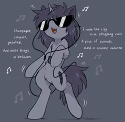 Size: 935x912 | Tagged: safe, artist:hioshiru, derpibooru import, oc, oc:kate, unofficial characters only, pony, bipedal, dancing, earbuds, mp3 player, music notes, open mouth, panic! at the disco, singing, smiling, solo, song reference, sunglasses