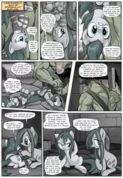 Size: 1331x1920 | Tagged: safe, artist:pencils, derpibooru import, cloudy quartz, marble pie, oc, oc:kryztoros, earth pony, minotaur, pony, comic:anon's pie adventure, bondage, comic, dock, female, hung upside down, loose hair, mare, tied up, underhoof, unsexy bondage, upside down