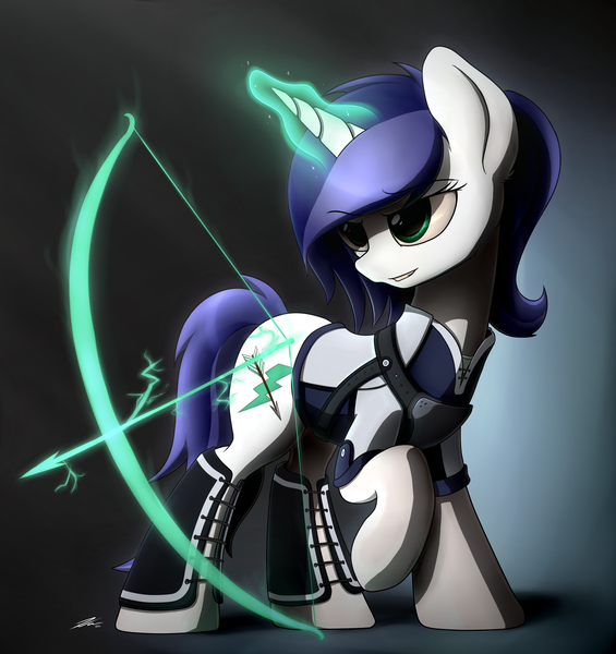 Size: 2400x2550 | Tagged: safe, artist:avastin4, derpibooru import, oc, oc:storm huntress, unofficial characters only, pony, unicorn, archery, arrow, bow (weapon), bow and arrow, solo, weapon