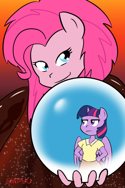 Size: 667x1000 | Tagged: 30 minute art challenge, alicorn, anthro, artist:empyu, crystal ball, derpibooru import, labyrinth, labyrinth (movie), pinkie pie, safe, twilight sparkle, twilight sparkle (alicorn)