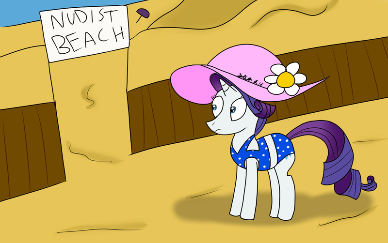 Size: 1720x1080 | Tagged: artist:coolpurpledudette, beach, clothes, derpibooru import, fence, hat, nude beach, nudist beach, rarity, safe, solo, swimsuit, we don't normally wear clothes