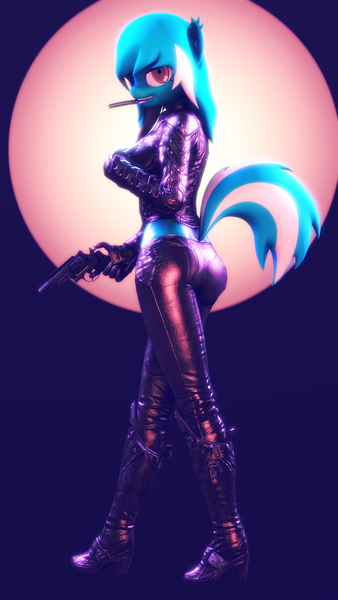 Size: 1080x1920 | Tagged: 3d, anthro, anthro oc, artist:gbrushandpaint, ass, boots, butt, circle, clothes, derpibooru import, grin, gun, handgun, jacket, jojo's bizarre adventure, knife, leather, leather boots, leather jacket, leather pants, midriff, mouth hold, oc, oc:cl-21, pants, reference, revolver, shoes, smiling, solo, source filmmaker, suggestive, unofficial characters only, weapon