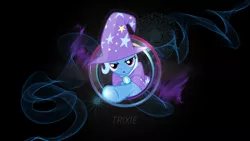 Size: 2560x1440 | Tagged: safe, artist:jeatz-axl, artist:thundy-r, derpibooru import, trixie, pony, unicorn, cape, clothes, female, hat, mare, neon, pointing, trixie's hat, vector, wallpaper