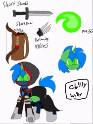 Size: 385x512 | Tagged: arrow, artist:chillywilly, bow and arrow, bow (weapon), clothes, derpibooru import, fantasy class, oc, oc:chilly willy, reference sheet, rogue, safe, sword, throwing knife, unofficial characters only, weapon