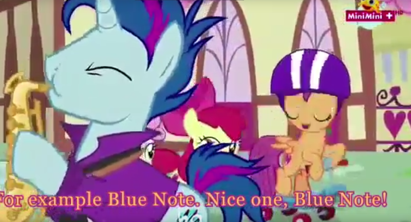 Size: 1666x902 | Tagged: blue note, cutie mark, derpibooru import, epic sax guy, musical instrument, safe, saxophone, scootaloo, screencap, subtitles, the cmc's cutie marks, the fault in our cutie marks