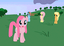 Size: 600x430 | Tagged: 3d, 8^y, animated, applejack, blinking, cloud, cute, cuteamena, demo, derpibooru import, fan game, fluttershy, game, gif, looking at you, open mouth, pinkamena diane pie, pinkie pie, rainbow dash, safe, smiling, tree
