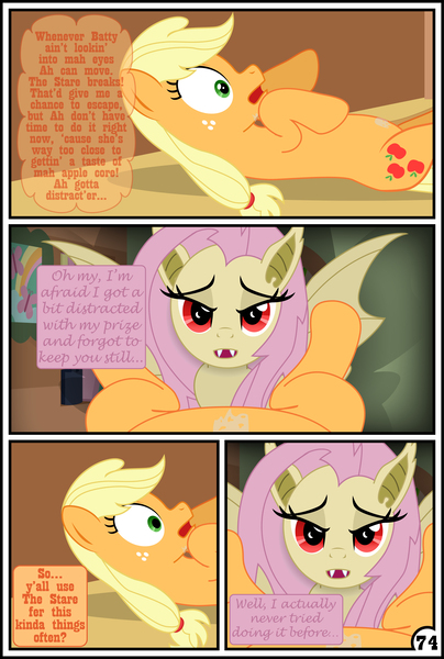 Size: 3254x4837 | Tagged: suggestive, artist:gutovi, derpibooru import, applejack, fluttershy, bat pony, earth pony, pony, comic:why me!?, appleshy, bat ponified, bedroom eyes, comic, dialogue, fangs, female, flutterbat, fluttershy's cottage, freckles, imminent sex, lesbian, mare, open mouth, race swap, red eyes, shipping, speech bubble, wide eyes