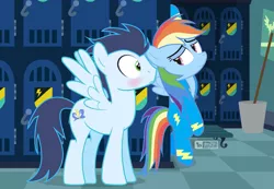 Size: 1260x870 | Tagged: suggestive, artist:dm29, derpibooru import, rainbow dash, soarin', pony, bedroom eyes, clothes, female, locker room, male, shipping, soarindash, spread wings, straight, uniform, wingboner, wings, wonderbolts, wonderbolts uniform