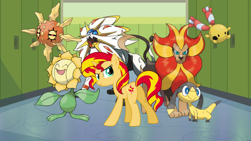 Size: 833x469 | Tagged: safe, artist:kingbilly97, derpibooru import, sunset shimmer, helioptile, pony, pyroar, solgaleo, solrock, sunflora, butt, chingling, plot, pokémon, pokémon advanced, pokémon diamond and pearl, pokémon heart gold and soul silver, pokémon omega ruby and alpha sapphire, pokémon platinum, pokémon sun and moon, pokémon x and y