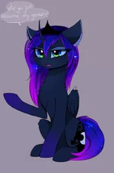 Size: 1268x1920 | Tagged: safe, artist:magnaluna, derpibooru import, princess luna, alicorn, pony, bat wings, chest fluff, crown, curved horn, did you just assume my gender?, ear fluff, eyeshadow, fluffy, gender, gradient eyes, gray background, horn, jewelry, leg fluff, makeup, meme, open mouth, raised hoof, regalia, simple background, sitting, social justice warrior, solo, speech bubble, triggered, wings