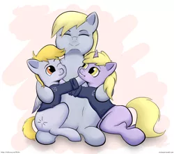 Size: 3400x3000 | Tagged: safe, artist:riscke, derpibooru import, crackle pop, derpy hooves, dinky hooves, pegasus, pony, unicorn, belly button, colt, cute, equestria's best mother, female, filly, hug, male, mare, mother and child, mother and daughter, mother and son, one eye closed, smiling