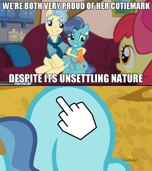 Size: 1280x1444 | Tagged: derpibooru import, edit, edited screencap, exploitable meme, meme, middle finger, petunia paleo, petunia paleo's unsettling cutie mark, safe, screencap, the fault in our cutie marks, vulgar