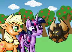 Size: 1400x1000 | Tagged: safe, artist:sallindaemon, derpibooru import, applejack, twilight sparkle, twilight sparkle (alicorn), alicorn, pony, applejack's hat, cowboy hat, hat, monster