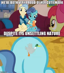 Size: 500x564 | Tagged: apple bloom, bird, derpibooru import, duck, edit, edited screencap, exploitable meme, meme, petunia paleo, petunia paleo's unsettling cutie mark, safe, screencap, the fault in our cutie marks