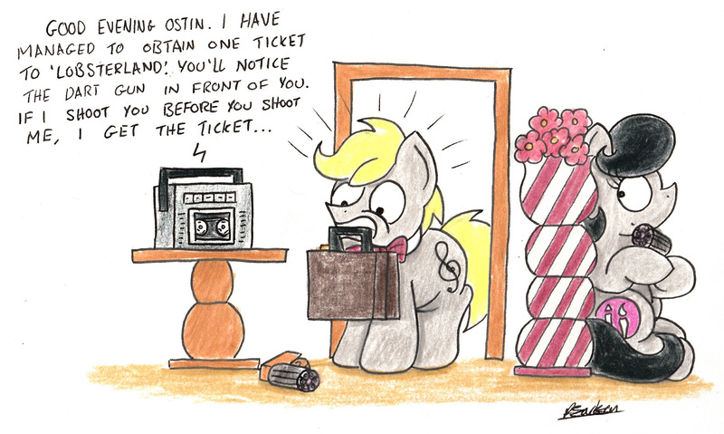 Size: 2395x1433 | Tagged: safe, artist:bobthedalek, derpibooru import, oc, oc:mixed melody, oc:octavia's father, oc:octavia's mother, oc:ostinato melody, unofficial characters only, earth pony, pony, bowtie, briefcase, cassette player, dart gun, female, hiding, husband and wife, male, mare, mouth hold, stallion, tape recorder, traditional art