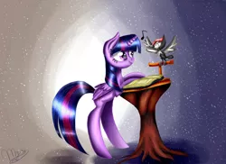 Size: 960x697 | Tagged: safe, artist:sayonaramisse, derpibooru import, twilight sparkle, twilight sparkle (alicorn), alicorn, bird, pony, book, crossover, pikipek, pokémon, pokémon sun and moon