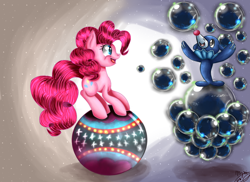 Size: 960x697 | Tagged: artist:sayonaramisse, ball, bubble, crossover, derpibooru import, pinkie pie, pokémon, pokémon sun and moon, popplio, safe