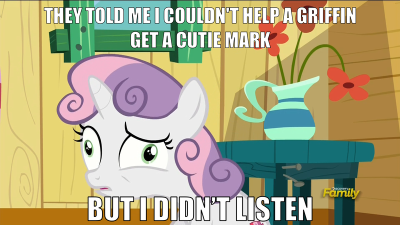 Size: 1920x1080 | Tagged: caption, derpibooru import, edit, edited screencap, exploitable meme, faic, i didn't listen, image macro, meme, safe, screencap, sweetie belle, text, the fault in our cutie marks