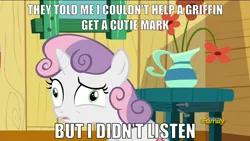 Size: 1920x1080 | Tagged: caption, derpibooru import, edit, edited screencap, exploitable meme, faic, i didn't listen, image macro, meme, safe, screencap, sweetie belle, text, the fault in our cutie marks