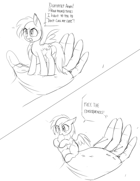 Size: 751x970 | Tagged: safe, artist:aureai-sketches, derpibooru import, rainbow dash, oc, oc:anon, human, pony, biting, cute, dashabetes, finger bite, hand, i'm not cute, in goliath's palm, micro, monochrome, nom, sketch, tiny, tiny ponies, tsunderainbow, tsundere