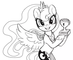 Size: 3400x2813 | Tagged: safe, artist:hawthornss, derpibooru import, princess luna, pony, twilight sparkle's secret shipfic folder, #1, bipedal, blushing, cup, grin, looking at you, monochrome, prize, simple background, smiling, solo, trophy, wip