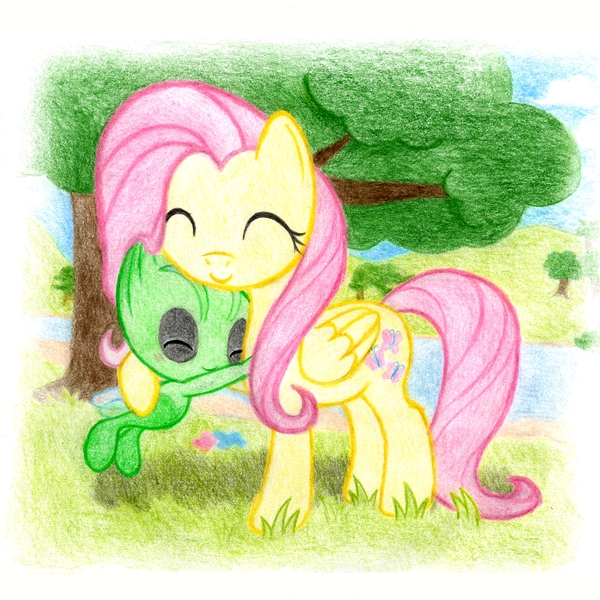 Size: 2172x2172 | Tagged: artist:michiito, celebi, crossover, cute, derpibooru import, fluttershy, hug, pixiv, pokémon, safe, solo, traditional art