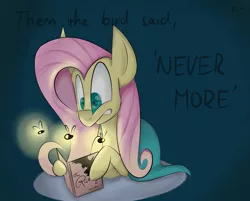 Size: 3847x3091 | Tagged: artist:ratann, blanket, book, derpibooru import, edgar allan poe, firefly (insect), fluttershy, insect, looking at something, lying down, nevermore, reading, safe, scared, solo, the raven, wide eyes