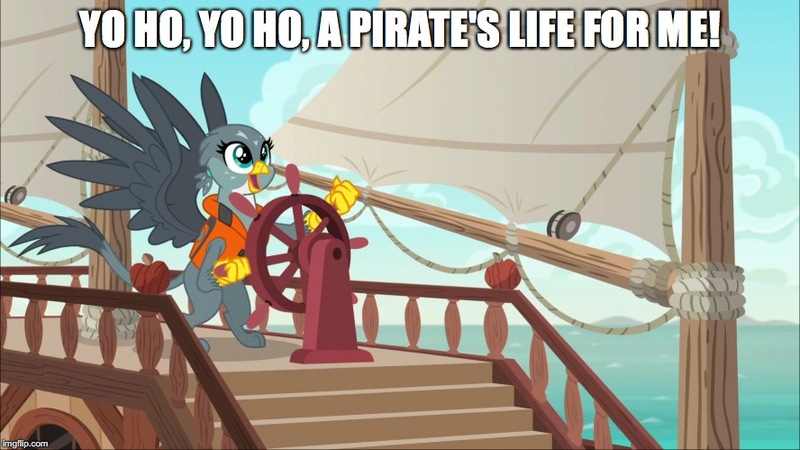 Size: 888x499 | Tagged: safe, derpibooru import, edit, edited screencap, screencap, gabby, gryphon, the fault in our cutie marks, boat, caption, gabby's shanty, image macro, meme, ocean, pirates of the caribbean, ship, solo, song reference, text