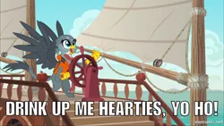 Size: 800x450 | Tagged: safe, derpibooru import, edit, edited screencap, screencap, gabby, gryphon, the fault in our cutie marks, caption, gabby's shanty, image macro, meme, pirates of the caribbean, sailing, solo, text