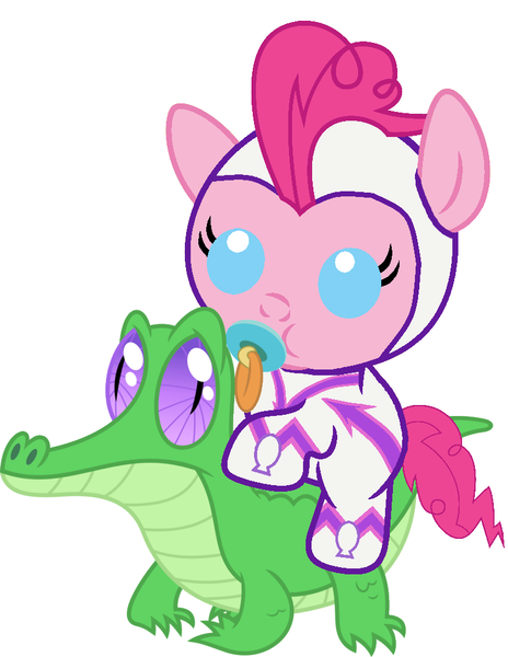 Size: 786x1017 | Tagged: safe, artist:red4567, derpibooru import, fili-second, gummy, pinkie pie, alligator, pony, power ponies (episode), baby, baby pie, baby pony, cute, diapinkes, pacifier, ponies riding gators, power ponies, riding, weapons-grade cute, younger