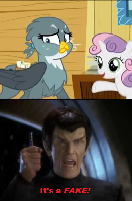 Size: 261x396 | Tagged: safe, derpibooru import, screencap, gabby, sweetie belle, gryphon, the fault in our cutie marks, caption, deep space nine, ds9, image macro, it's a fake, meme, romulan, senator vreenak, star trek, star trek: deep space nine, sweat, text