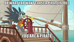 Size: 800x450 | Tagged: safe, derpibooru import, edit, edited screencap, screencap, gabby, gryphon, the fault in our cutie marks, caption, gabby's shanty, image macro, lazytown, meme, pirate, ship, solo, text, you are a pirate