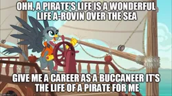 Size: 888x499 | Tagged: safe, derpibooru import, edit, edited screencap, screencap, gabby, gryphon, the fault in our cutie marks, boat, caption, gabby's shanty, image macro, meme, text