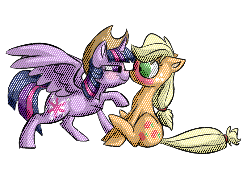 Size: 800x600 | Tagged: safe, artist:sallindaemon, derpibooru import, applejack, twilight sparkle, twilight sparkle (alicorn), alicorn, pony, accessory theft, applejack's hat, blushing, cowboy hat, female, hat, lesbian, mare, shipping, twijack