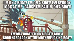 Size: 888x499 | Tagged: safe, derpibooru import, edit, edited screencap, screencap, gabby, gryphon, the fault in our cutie marks, caption, forced meme, gabby's shanty, image macro, i'm on a boat (the lonely island feat. t-pain), meme, saturday night live, text, the lonely island, vulgar