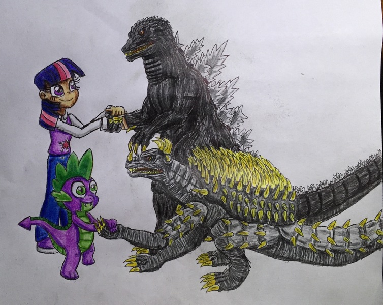 Size: 2545x2026 | Tagged: anguirus, artist:bozzerkazooers, crossover, derpibooru import, godzilla, godzilla (series), human, humanized, kaiju, safe, spike, traditional art, twilight sparkle, wat