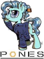 Size: 2875x3822 | Tagged: artist:gray--day, bones (tv show), clothes, coat, crossover, derpibooru import, glasses, petunia paleo, raised hoof, safe, solo, the fault in our cutie marks, underhoof, wavy mouth