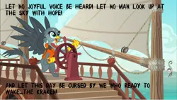 Size: 1920x1080 | Tagged: safe, derpibooru import, edit, edited screencap, screencap, gabby, gryphon, kraken, the fault in our cutie marks, caption, davy jones, gabby's shanty, lifejacket, meme, pirate ship, pirates of the caribbean, ship, solo, tentacles