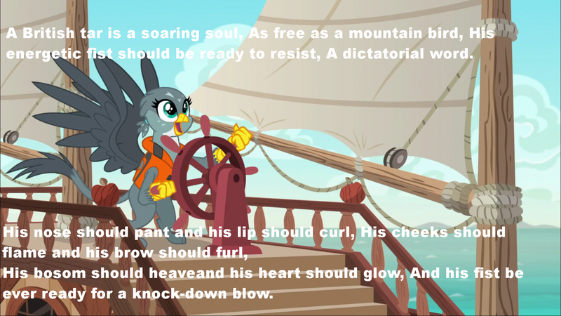 Size: 1920x1080 | Tagged: safe, derpibooru import, edit, edited screencap, screencap, gabby, gryphon, the fault in our cutie marks, a british tar, caption, exploitable meme, gabby's shanty, gilbert and sullivan, h.m.s. pinafore, meme