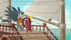 Size: 1280x720 | Tagged: safe, derpibooru import, edit, edited screencap, screencap, gabby, gryphon, the fault in our cutie marks, beast of pirates bay, caption, exploitable meme, gabby's shanty, meme, song, voltaire