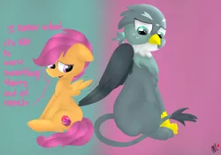 Size: 1000x700 | Tagged: safe, artist:coolpup126, derpibooru import, gabby, scootaloo, gryphon, the fault in our cutie marks, cutie mark, scene interpretation, sitting, the cmc's cutie marks