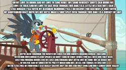 Size: 888x499 | Tagged: safe, artist:creepermin3, derpibooru import, edit, edited screencap, screencap, gabby, gryphon, the fault in our cutie marks, assassin's creed, assassin's creed iv black flag, caption, gabby's shanty, image macro, meme, pirate, sea shanty, text, the gaming lemon, vulgar