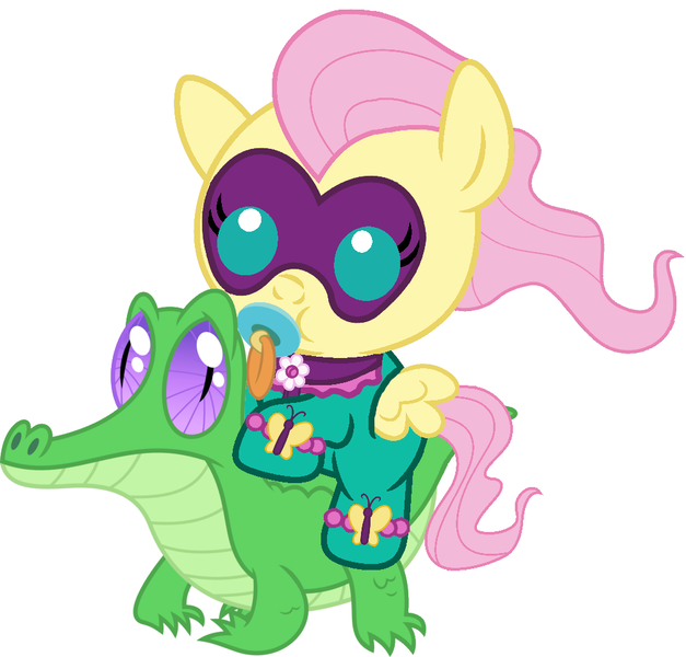 Size: 1011x967 | Tagged: safe, artist:red4567, derpibooru import, fluttershy, gummy, saddle rager, alligator, pony, power ponies (episode), baby, baby pony, babyshy, cute, pacifier, ponies riding gators, power ponies, riding, shyabetes, weapons-grade cute, younger