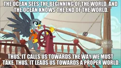 Size: 888x499 | Tagged: safe, derpibooru import, edit, edited screencap, screencap, gabby, gryphon, the fault in our cutie marks, caption, gabby's shanty, image macro, lifejacket, meme, ocean guide, one piece, one piece film z, sails, text