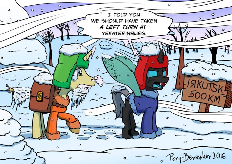 Size: 1024x724 | Tagged: safe, artist:pony-berserker, derpibooru import, oc, oc:berzie, oc:szafalesiaka, unofficial characters only, changeling, pony, unicorn, bag, clothes, faux cyrillic, hat, i can't believe it's not idw, icicle, jacket, kyle broflovski, ponysona, russia, snow, snowfall, south park, speech bubble, ushanka, wind, winter