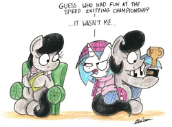Size: 1952x1448 | Tagged: safe, artist:bobthedalek, derpibooru import, octavia melody, vinyl scratch, oc, oc:mixed melody, oc:octavia's mother, earth pony, pony, unicorn, boots, carrying, clothes, hat, scarf, shoes, sweater, traditional art, trophy, unamused, vinyl is not amused
